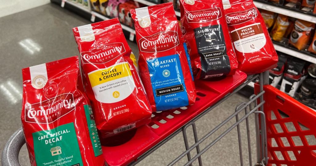various bags of coffee in a cart