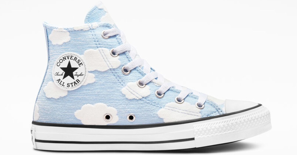 light blue hightop shoes with cloud print