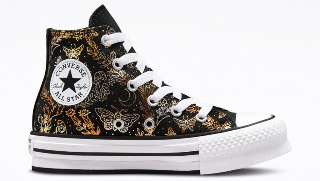 black hightop sneaker with gold butterfly designs