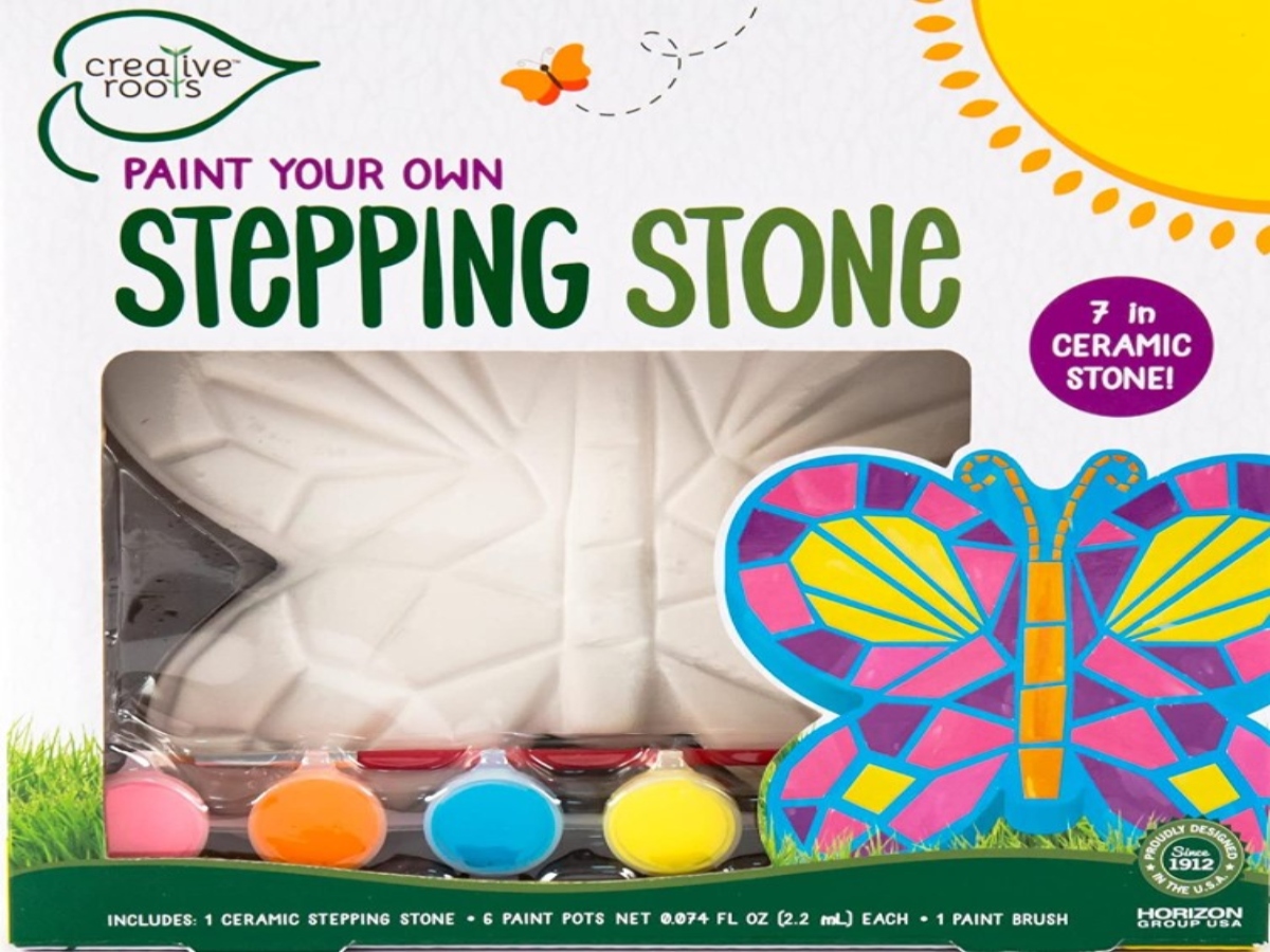 Butterfly Stepping Stone kit in a box that shows the paints included and a picture of the finished product.