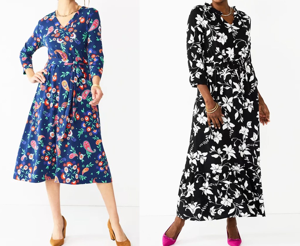 two women in floral print dresses