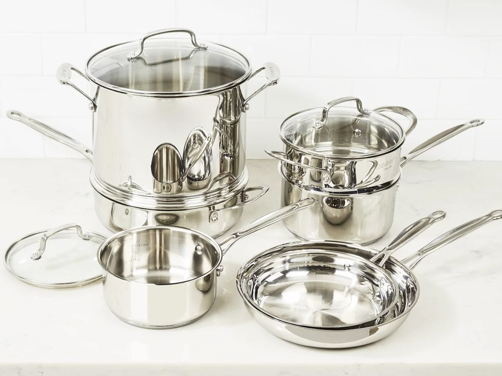 stainless steel cookware set on kitchen counter