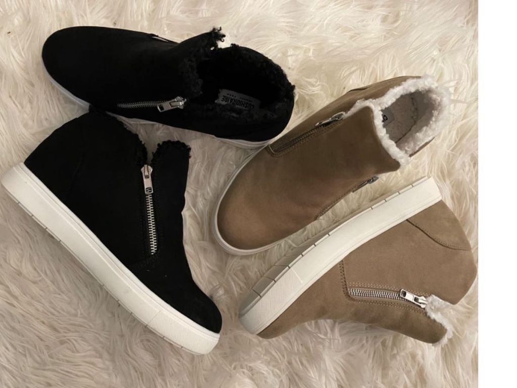 two pairs of women's sherpa lined cushionaire wedge sneakers