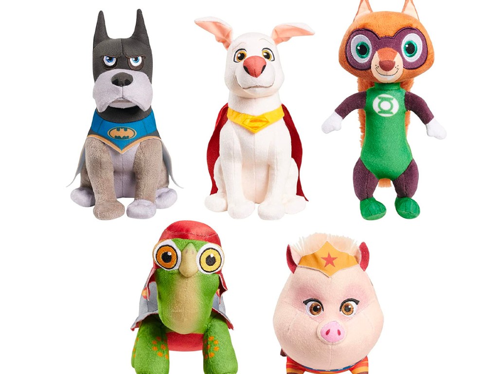 dc superpets plush toy set with dogs, squirrel, turtle and pig