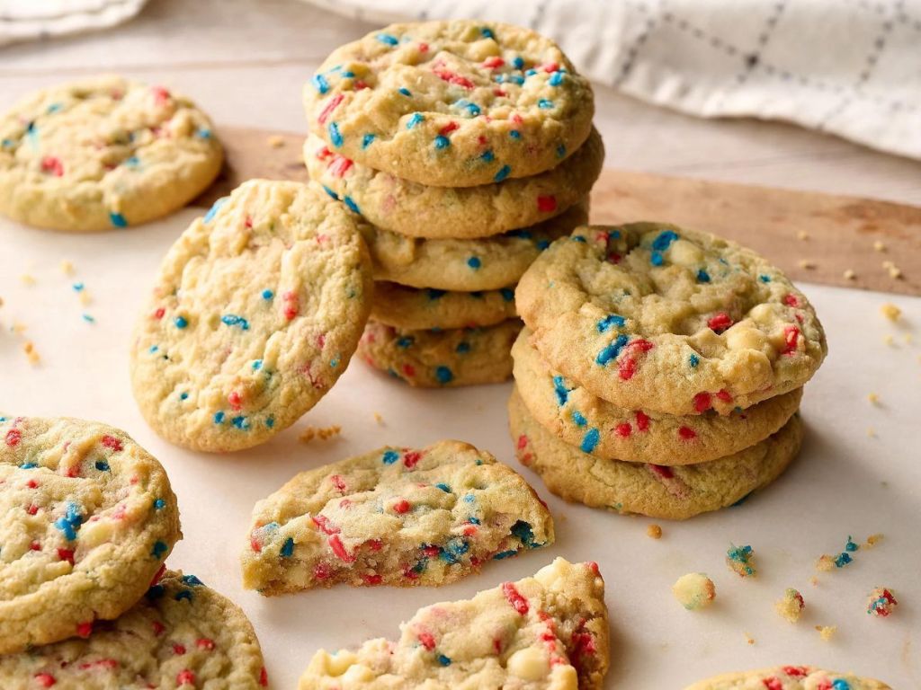 various blue and red sprinkle cookies