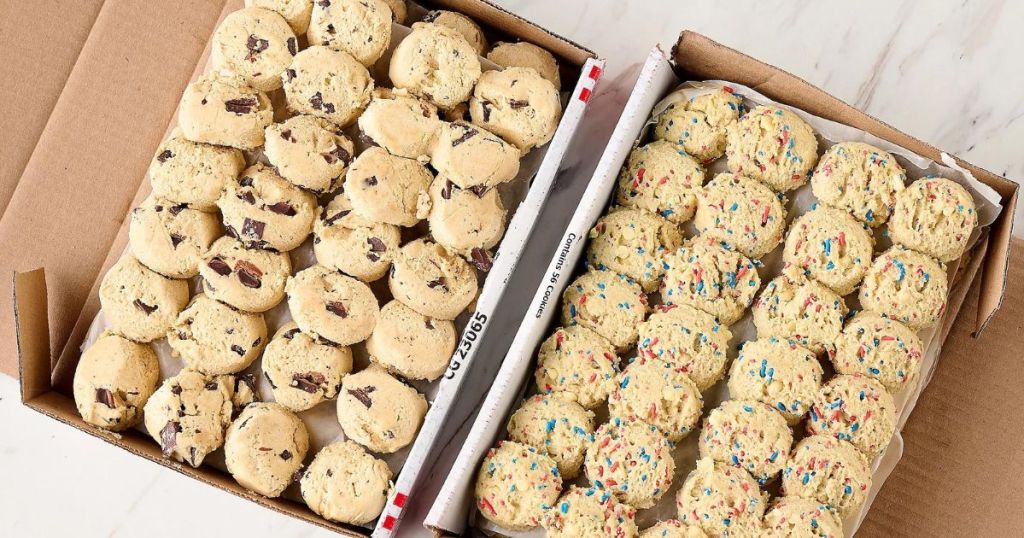 box of frozen chocolate chunk cookies and a box of frozen red and blue sprinkle frozen cookies 