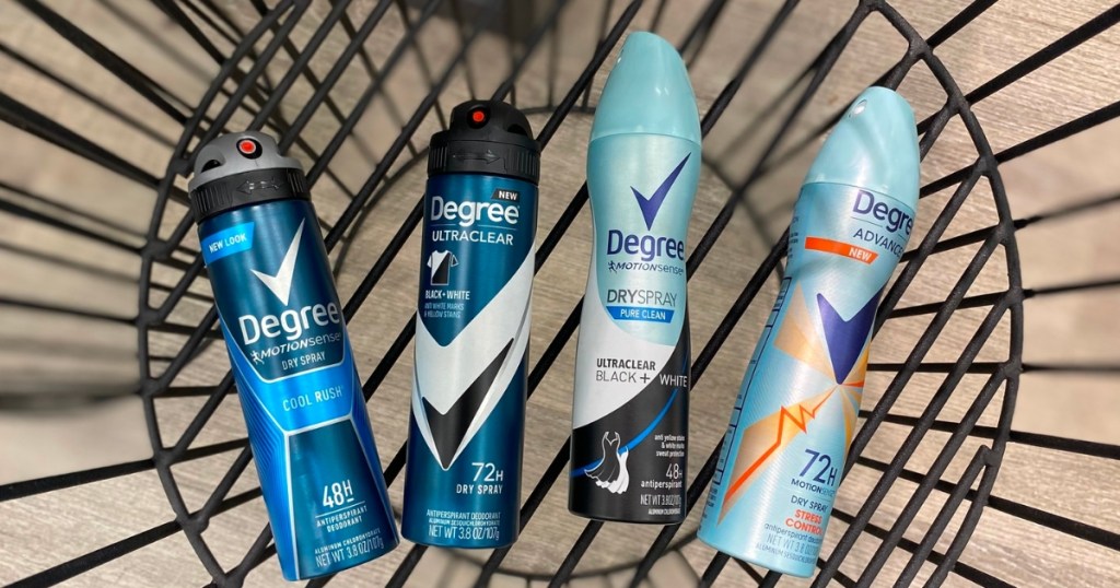 four bottles of degree men's and women's deodorant sprays
