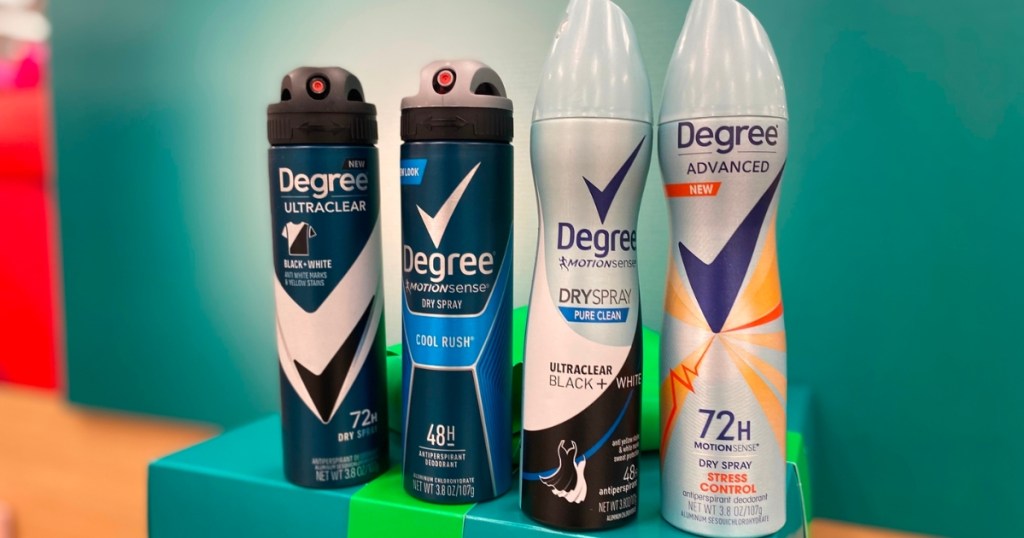 four bottles of degree men's and women's deodorant sprays