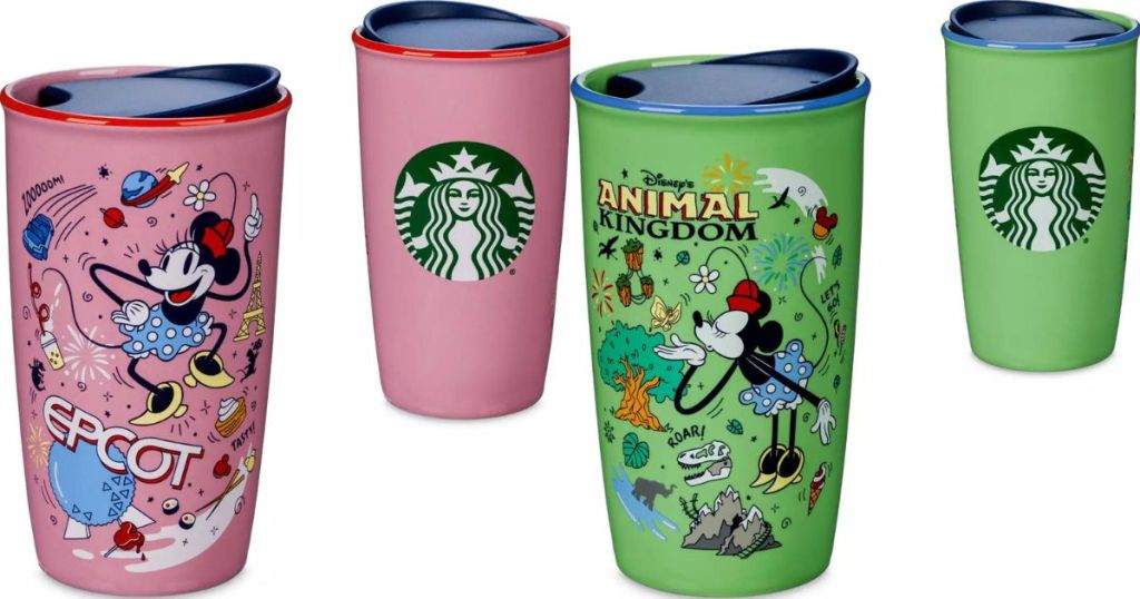 Two pink and two green Disney Starbucks Mugs