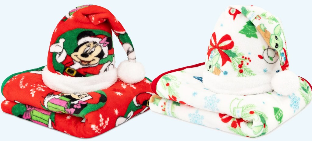 christmas disney throw blanket and santa hat sets