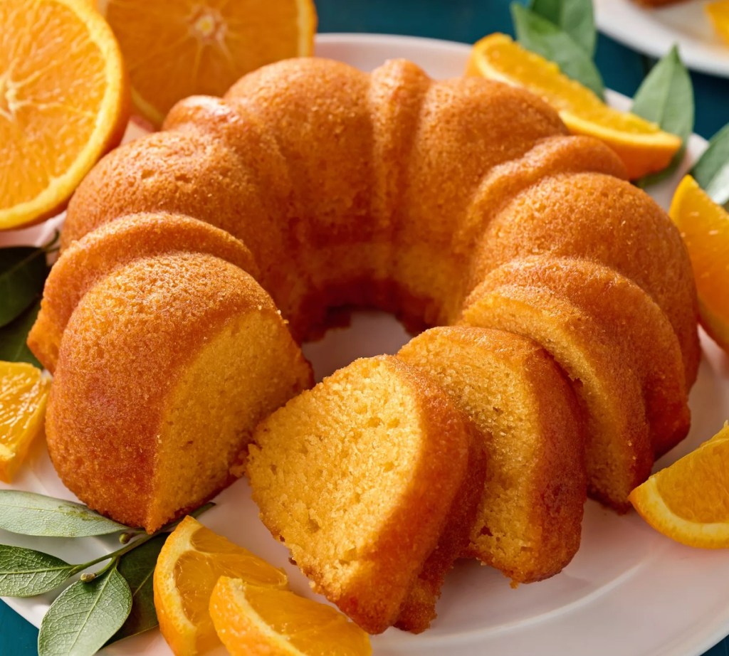 Bundt cake on a tray with oranges around it