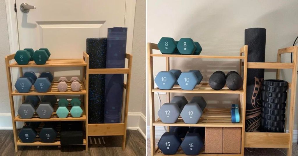 Two images of a shoe rack with weights on them