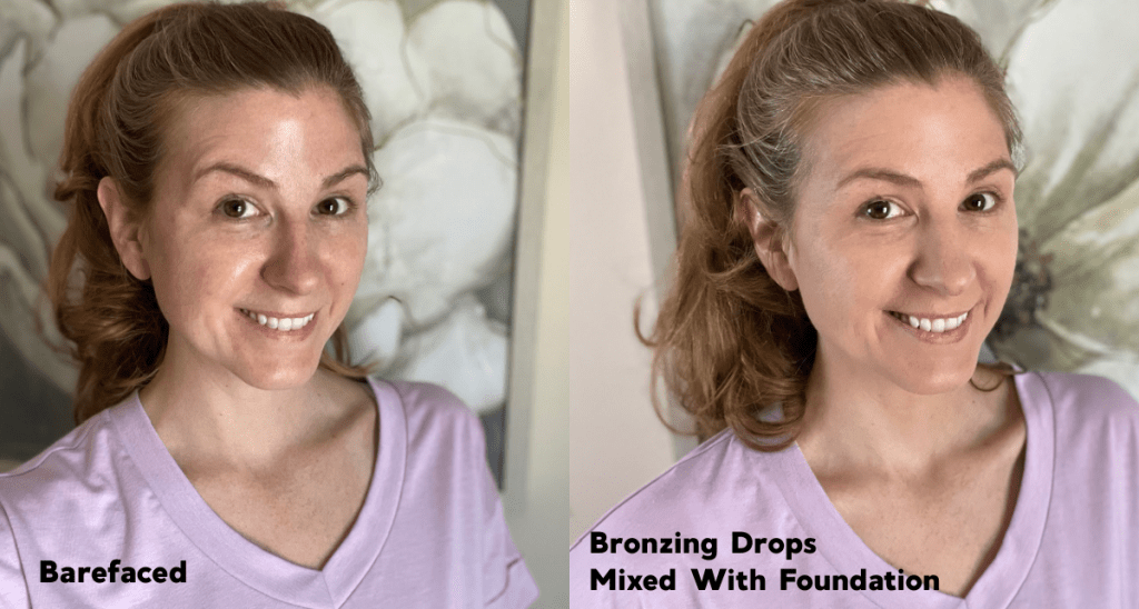 Woman showing the comparison between her bare face and wearing Drunk Elephant Bronzing Drops 