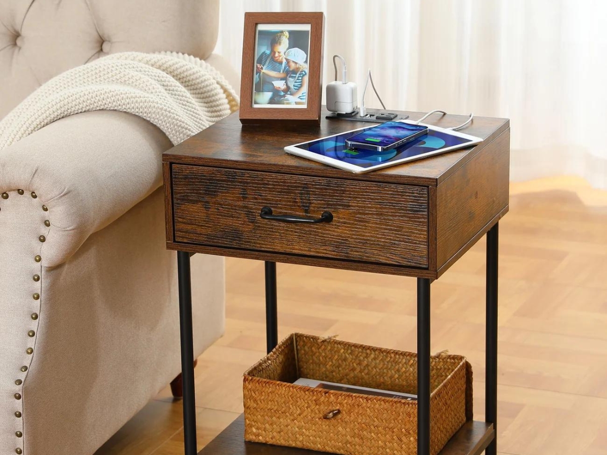 EVAJOY Nightstand Rustic Wooden Side Table w/ Charging Station next to couch