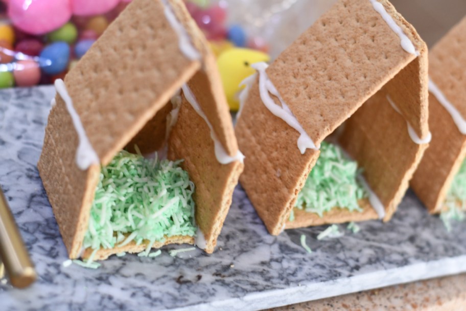 A peep house made for easter using graham crackers and coconut shreds