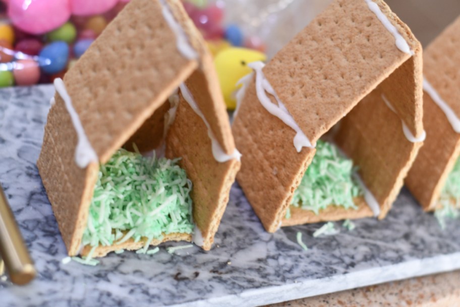 A peep house made for easter using graham crackers and coconut shreds