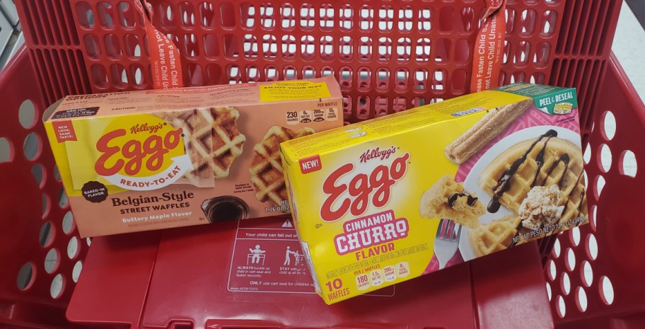 New Eggo Waffle flavors in a shopping cart including chocolate chip and churro flavors