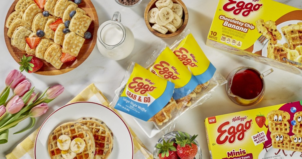 table set with different types of Eggo waffles