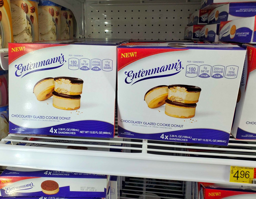 Entenmann’s Ice Cream Sandwiches on Walmart Shelves in the frozen foods aisle.