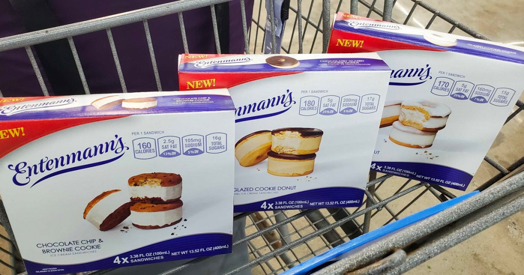 Boxes of Entenmann's Ice Cream Sandwiches in a shopping cart at Walmart