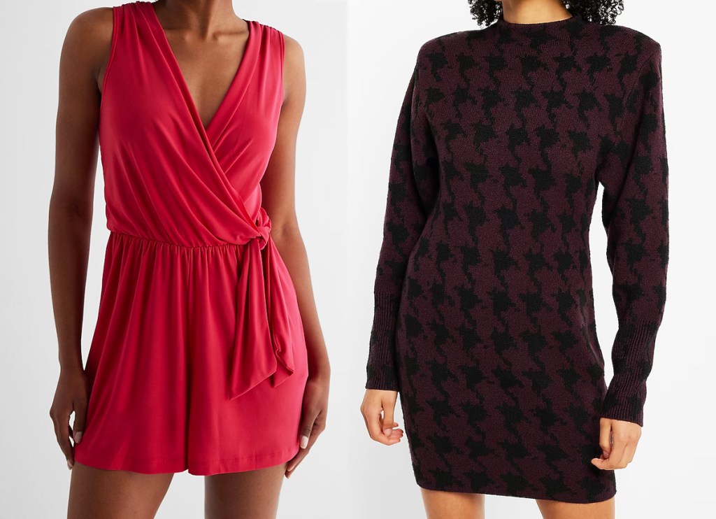 woman in red romper and houndstooth dress