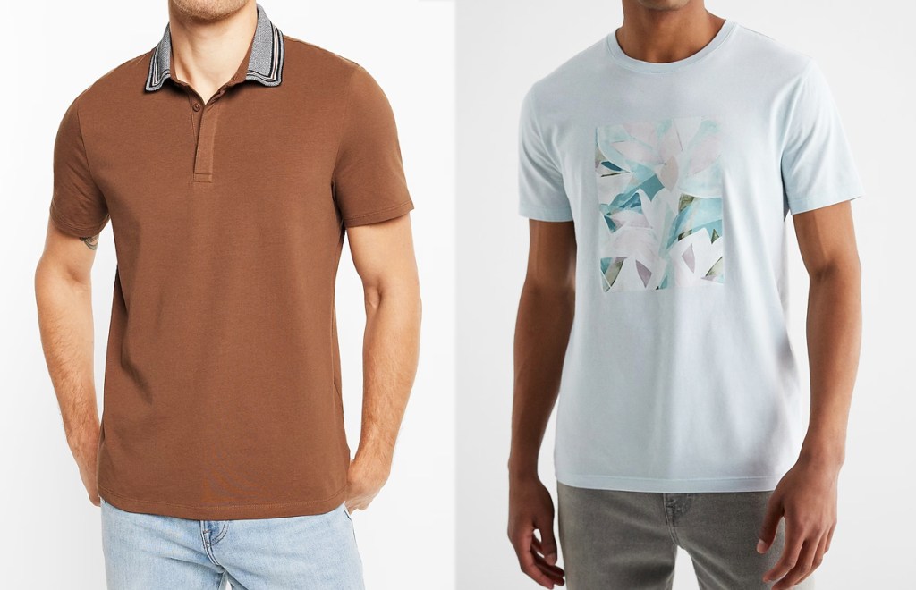 two men in brown and blue tees