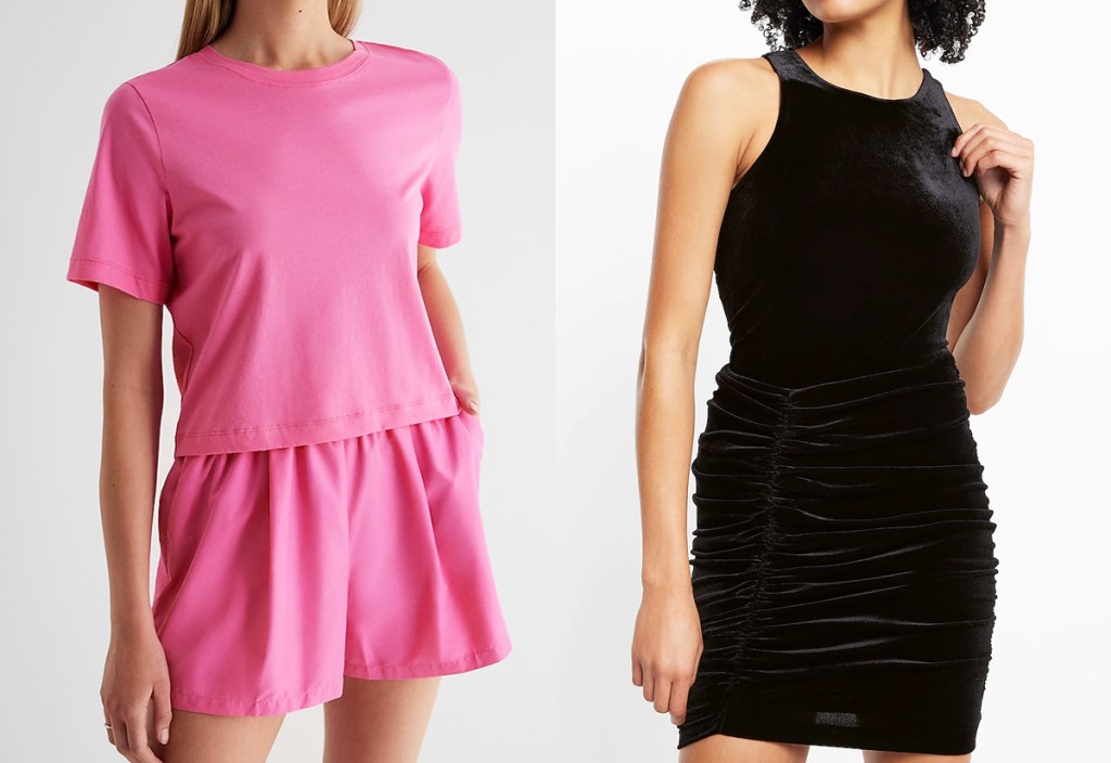woman in a pink tee and shorts set and woman in a black velvet bodysuit with matching skirt