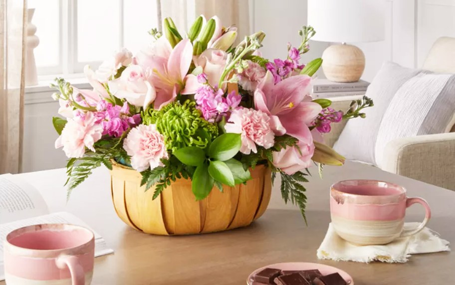 basket of flowers on a table