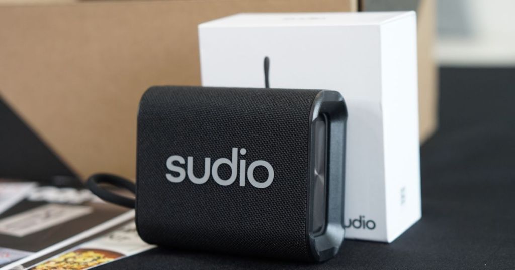 sudio speaker displayed in front of box