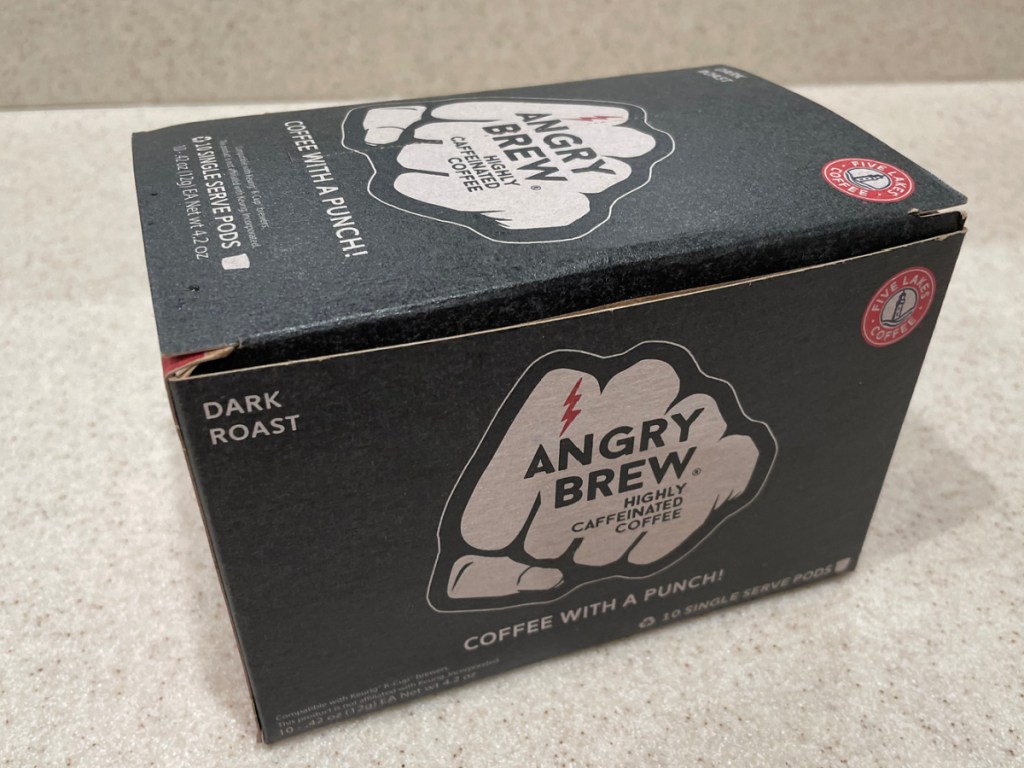 Five Lakes Angry Brew Coffee Single Serve Pods on the kitchen counter