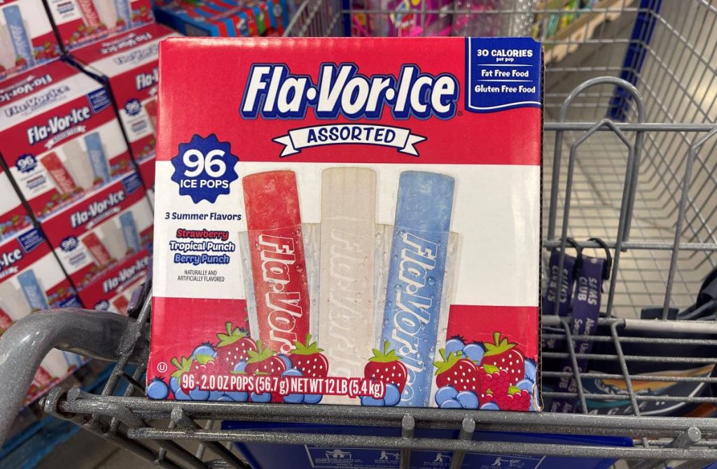 Box of Fla-Vor-Ice Red White Blue ice pops in a cart