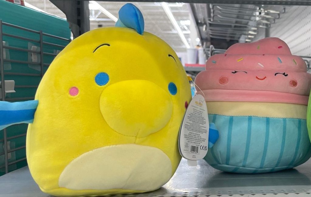 Flounder and Cupcake Squishmallows on shelf at Walmart