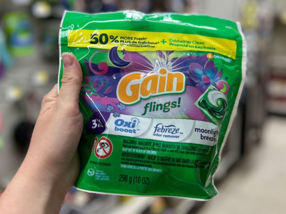 Hand holding up a bag of Gain Flings