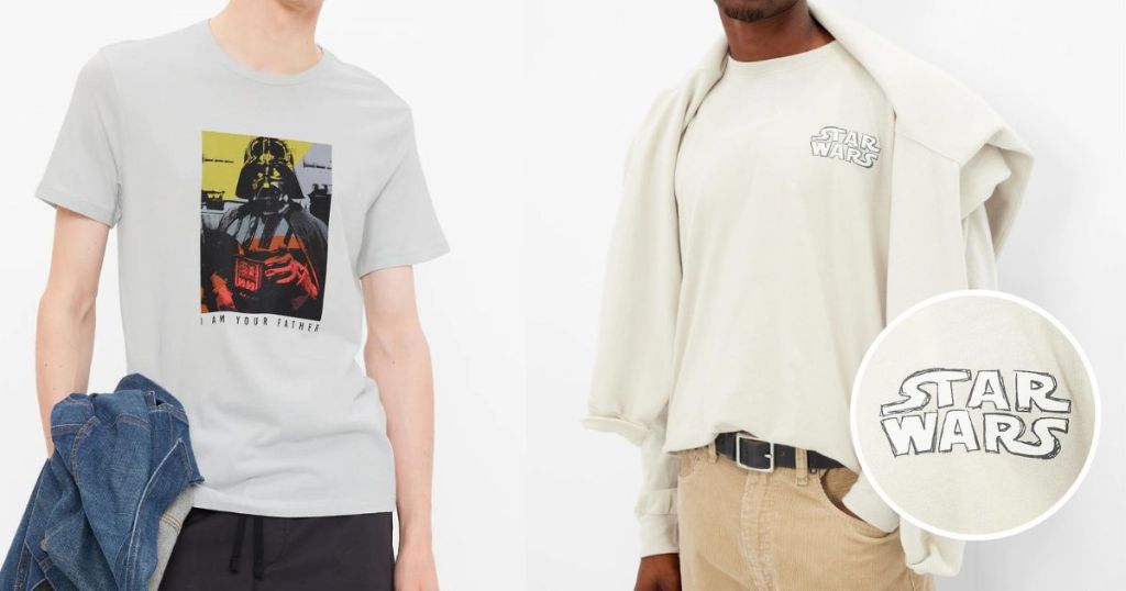 Zwei Männer tragen Star-Wars-Shirts
