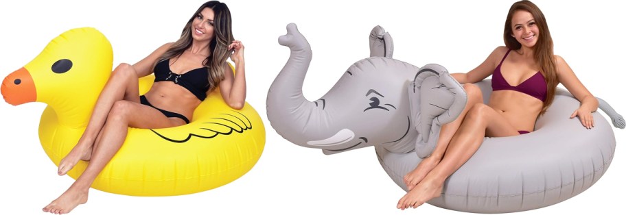women sitting on duck and elephant pool floats