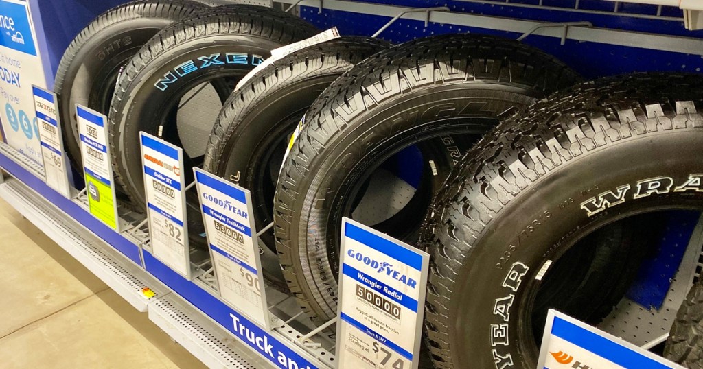 tires on display rack in store