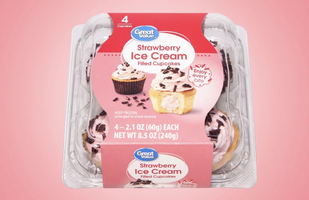 Package of Great Value Strawberry Ice Cream Cupcakes