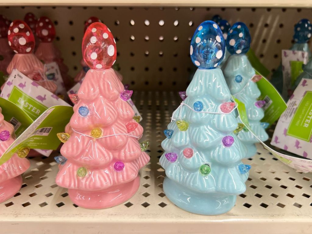 pink and blue Easter ceramic trees on shelf 
