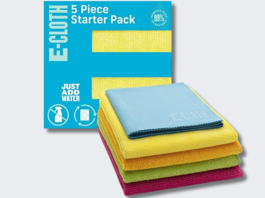 stack of 5 different color microfiber cleaning clothes with the box they come in behind that says "E-Cloth 5-Pack Starter Pack"