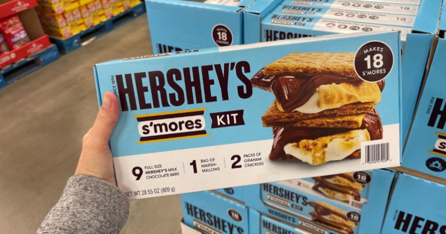A hand holding a Hershey's S'mores Kit 