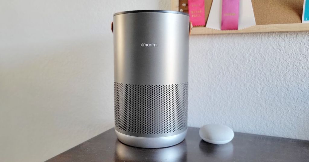 Smartmi Air Purifier in Silver sitting on a console table