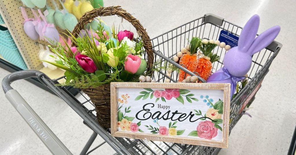 shopping cart with Easter decor items at Hobby Lobby