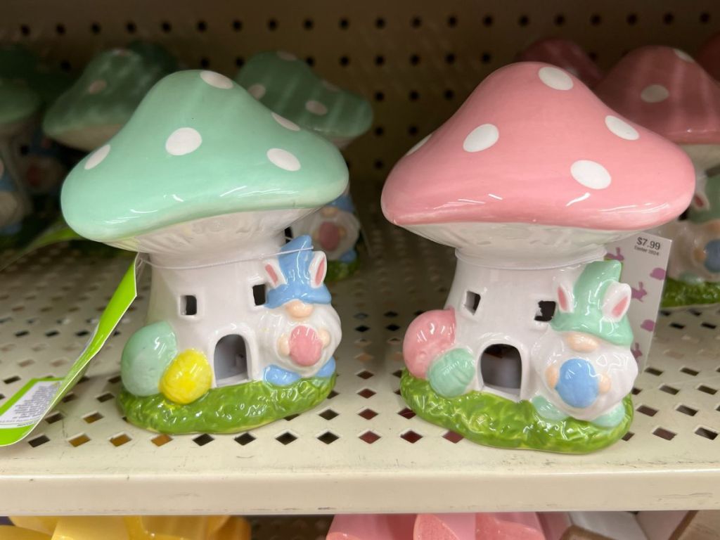 spring color mushroom houses with little gnomes