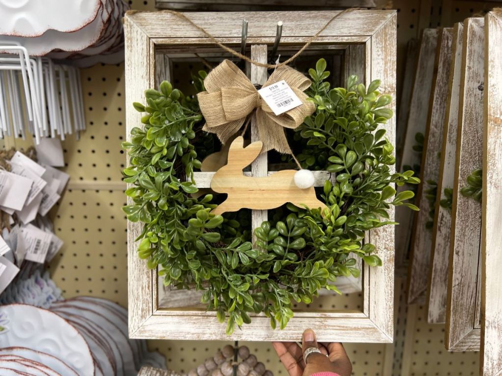 wood window frame with greenery wreath, burlap bowl and wooden bunny rabbit wall decor