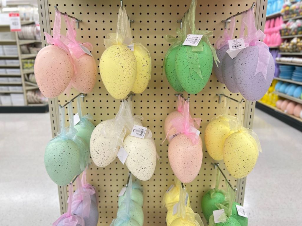 giant easter eggs hanging wall decor on display