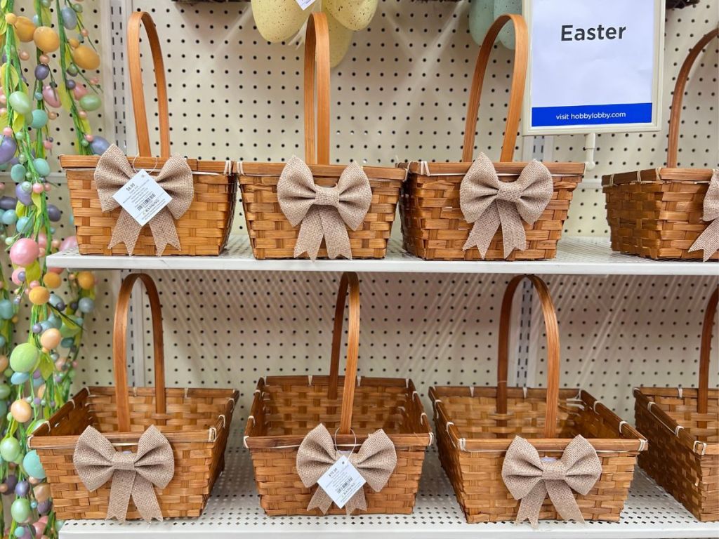 tan easter baskets with tan bows on shelf