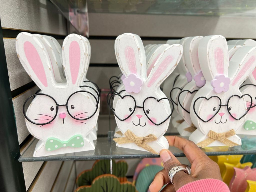 cute white bunny rabbits wearing glasses shelf decor