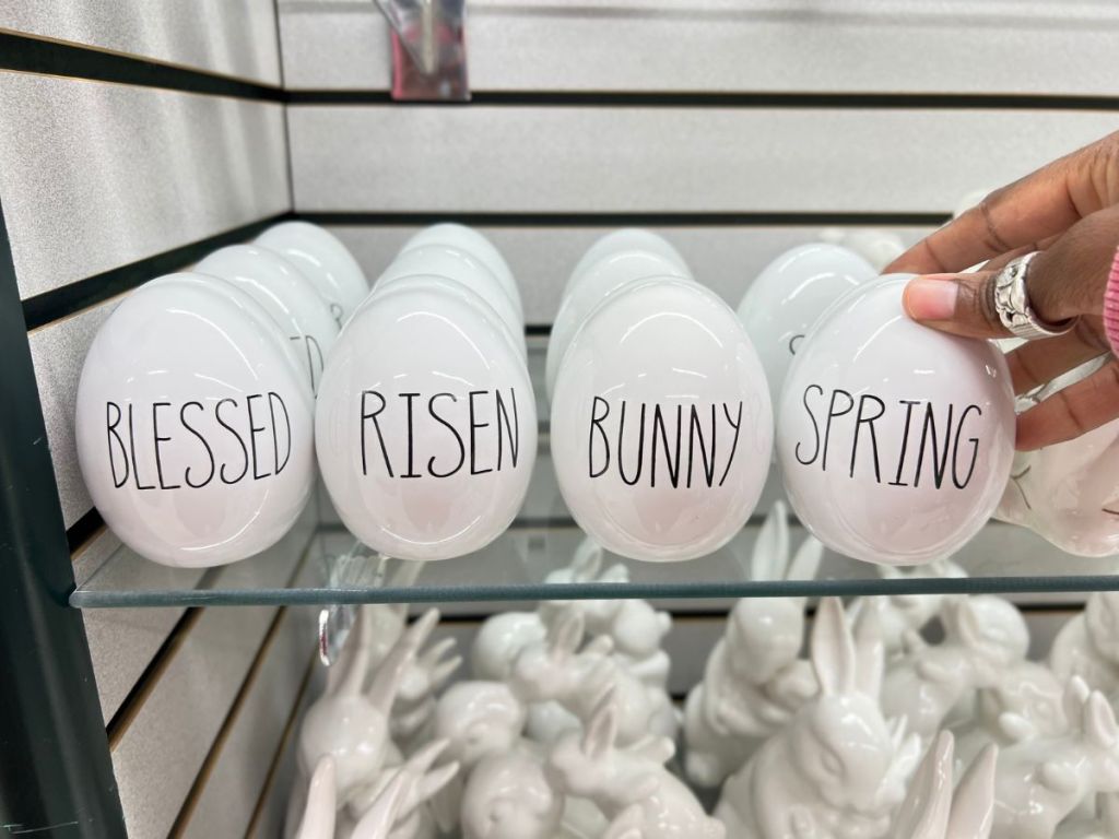 white Easter egg decor with Easter words on them - Rae Dunn inspired style