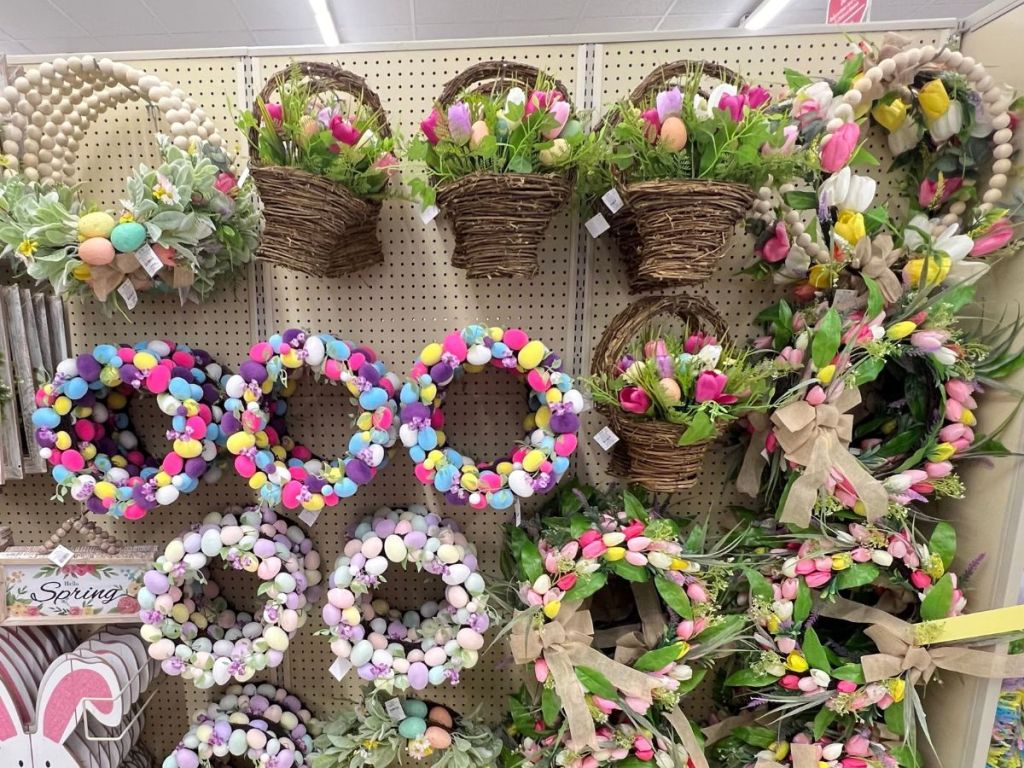 various spring and Easter wreaths on wall display at Hobby Lobby
