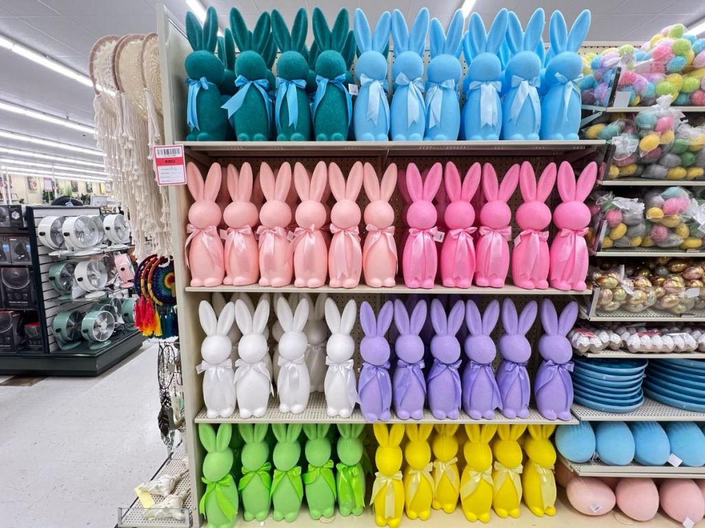 shelf with large colored felt large Easter Bunnies at Hobby Lobby